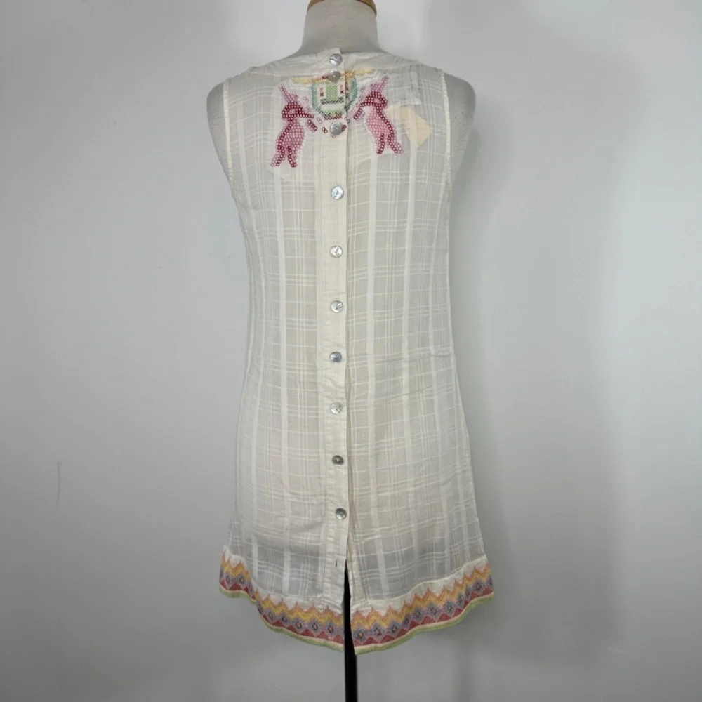 Y2K Da-Nang White Boho Sleeveless Cotton Embroidery Beaded Shift Dress Size S - Picture 9 of 15
